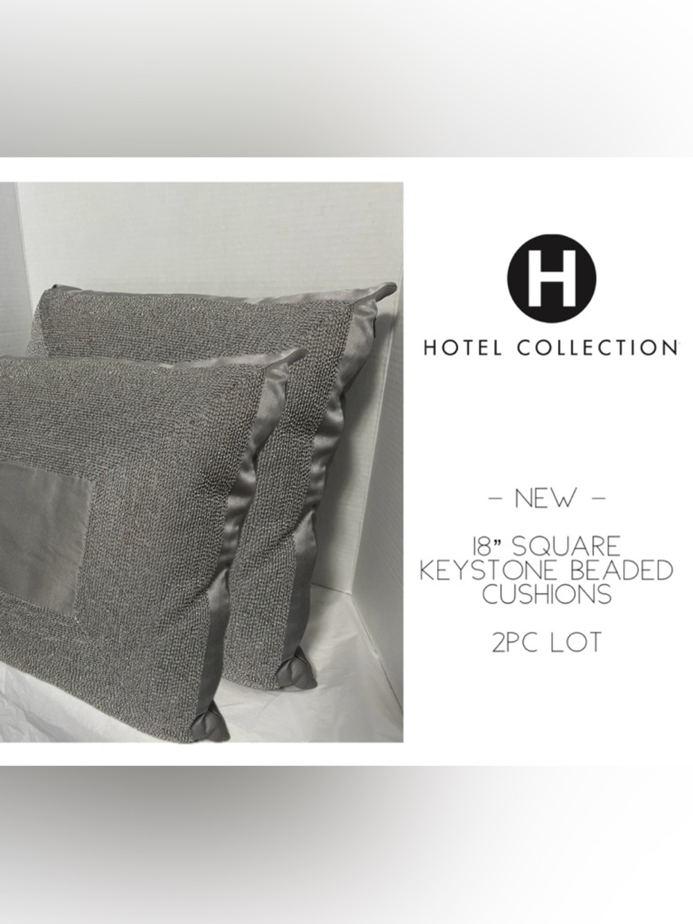 🆕HOTEL COLLECTION - NEW - 2PC LOT - 18” SQUARE BEADED GREY CUSHION / PILLOW